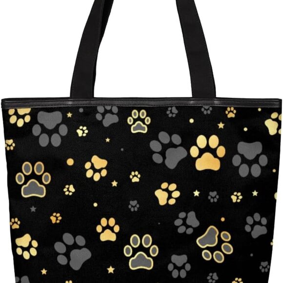 Black Paw Printed Canvas Tote Bag, Eco Friendly Cute Reusable Grocery Shopping B - Picture 1 of 8